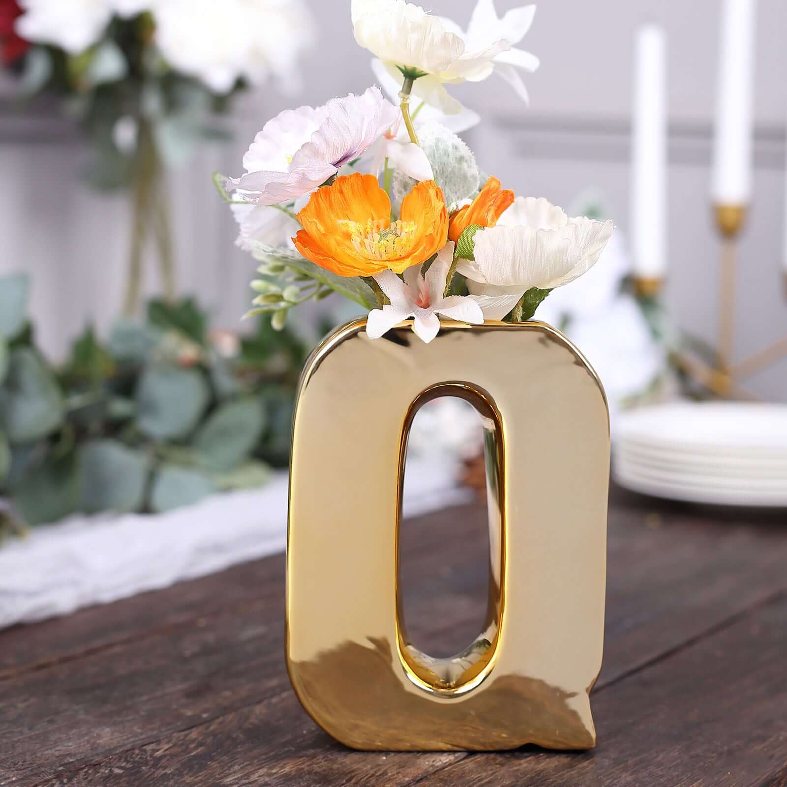 6" Shiny Gold Plated Ceramic Letter "Q" Sculpture Bud Vase, Flower Planter Pot Table Centerpiece Pro Linens