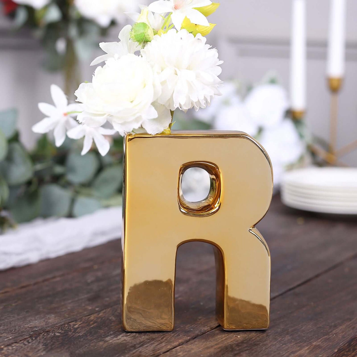 6" Shiny Gold Plated Ceramic Letter "R" Sculpture Bud Vase, Flower Planter Pot Table Centerpiece Pro Linens