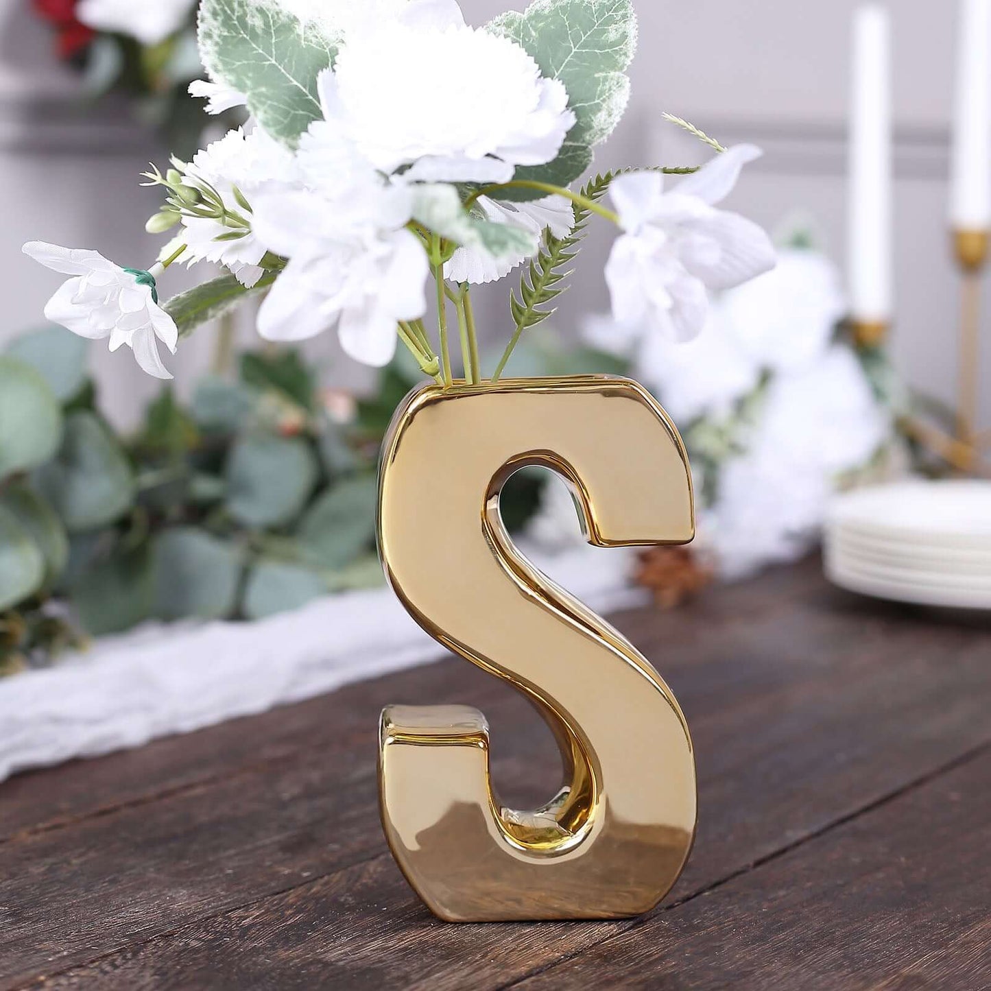 6" Shiny Gold Plated Ceramic Letter "S" Sculpture Bud Vase, Flower Planter Pot Table Centerpiece Pro Linens