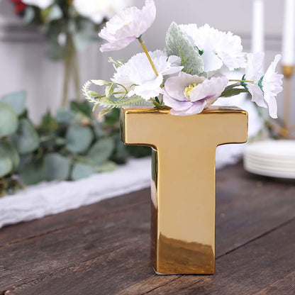 6" Shiny Gold Plated Ceramic Letter "T" Sculpture Bud Vase, Flower Planter Pot Table Centerpiece Pro Linens