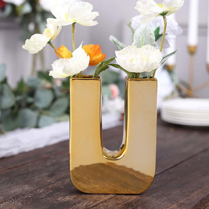 6" Shiny Gold Plated Ceramic Letter "U" Sculpture Bud Vase, Flower Planter Pot Table Centerpiece Pro Linens