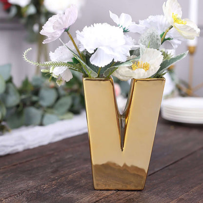 6" Shiny Gold Plated Ceramic Letter "V" Sculpture Bud Vase, Flower Planter Pot Table Centerpiece Pro Linens