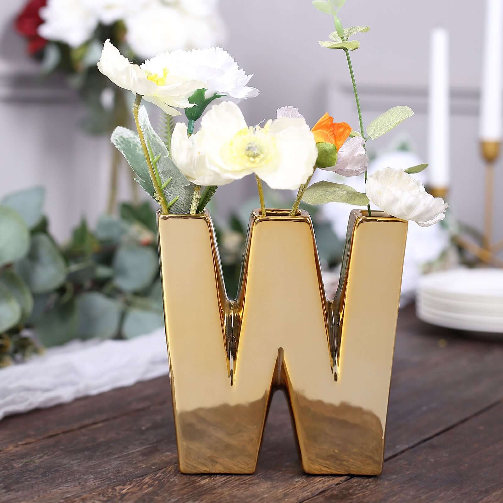 6" Shiny Gold Plated Ceramic Letter "W" Sculpture Bud Vase, Flower Planter Pot Table Centerpiece Pro Linens