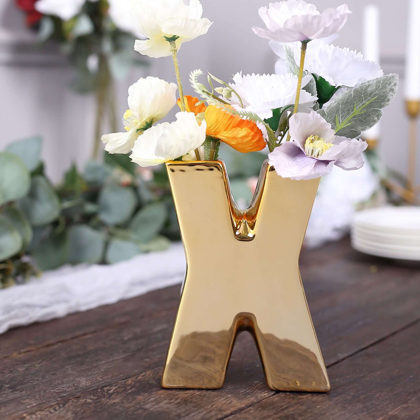 6" Shiny Gold Plated Ceramic Letter "X" Sculpture Bud Vase, Flower Planter Pot Table Centerpiece Pro Linens