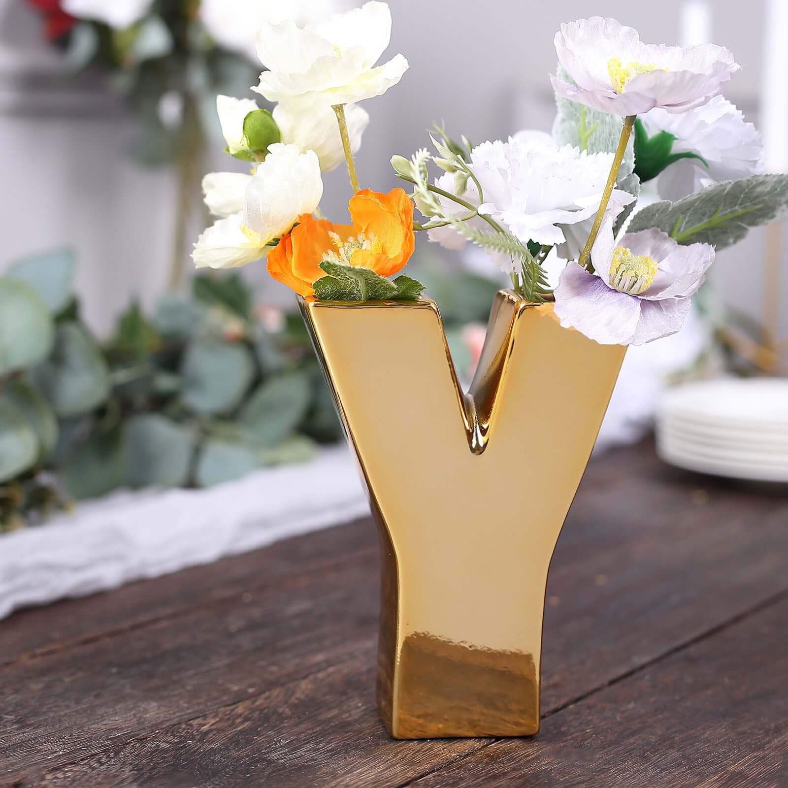 6" Shiny Gold Plated Ceramic Letter "Y" Sculpture Bud Vase, Flower Planter Pot Table Centerpiece Pro Linens