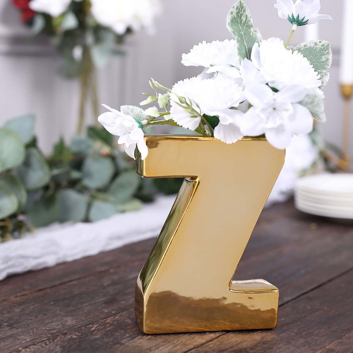 6" Shiny Gold Plated Ceramic Letter "Z" Sculpture Bud Vase, Flower Planter Pot Table Centerpiece Pro Linens