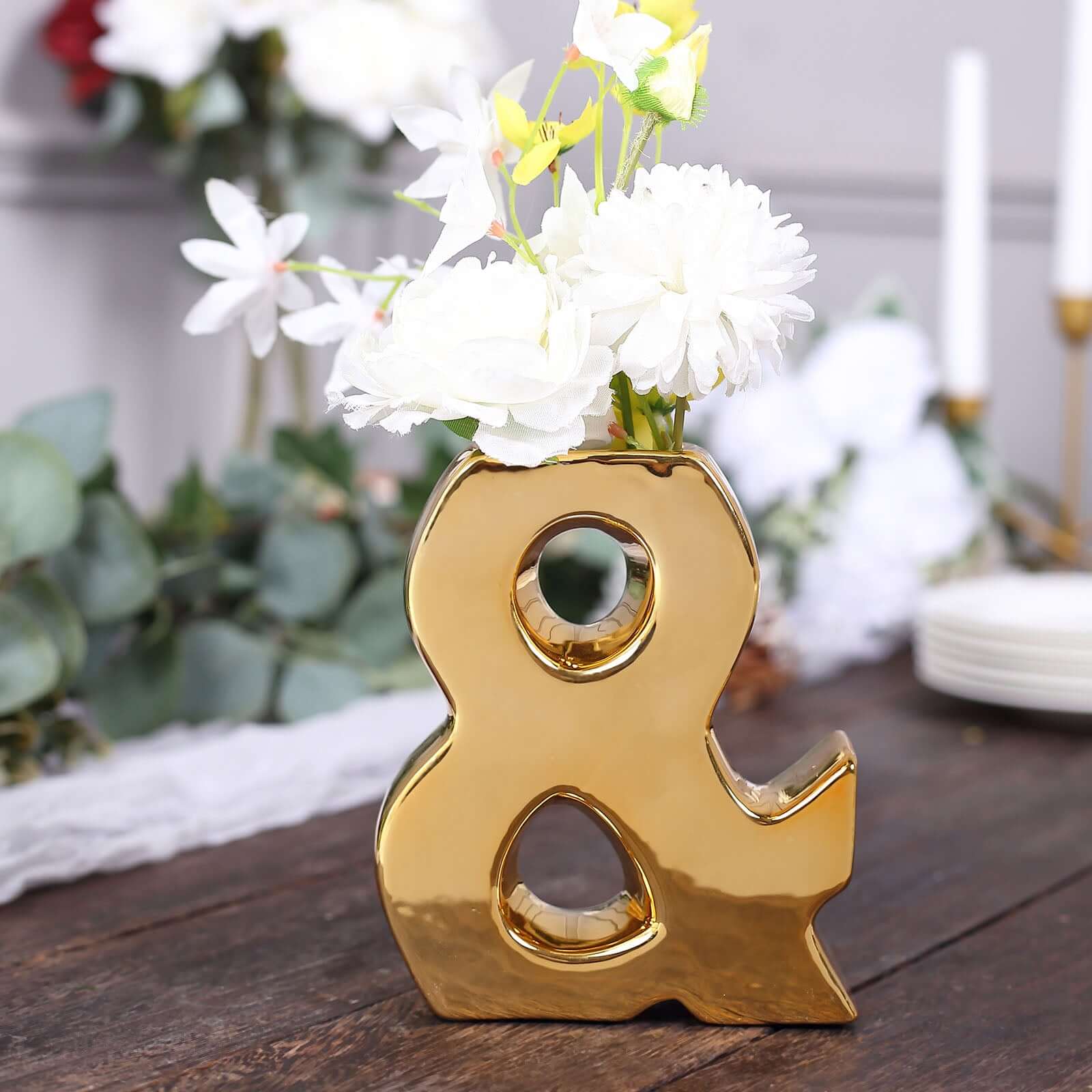 6" Shiny Gold Plated Ceramic Symbol "&" Sculpture Bud Vase, Flower Planter Pot Table Centerpiece Pro Linens