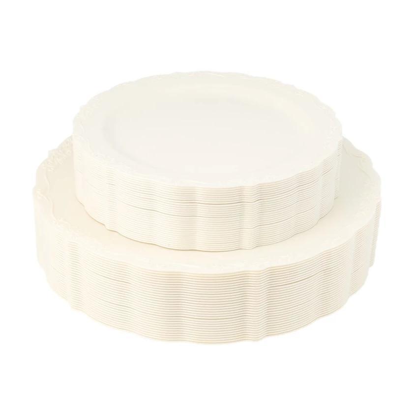 60 Piece Cream Round Plastic Dinnerware Value Set - Vintage - Pro Linens