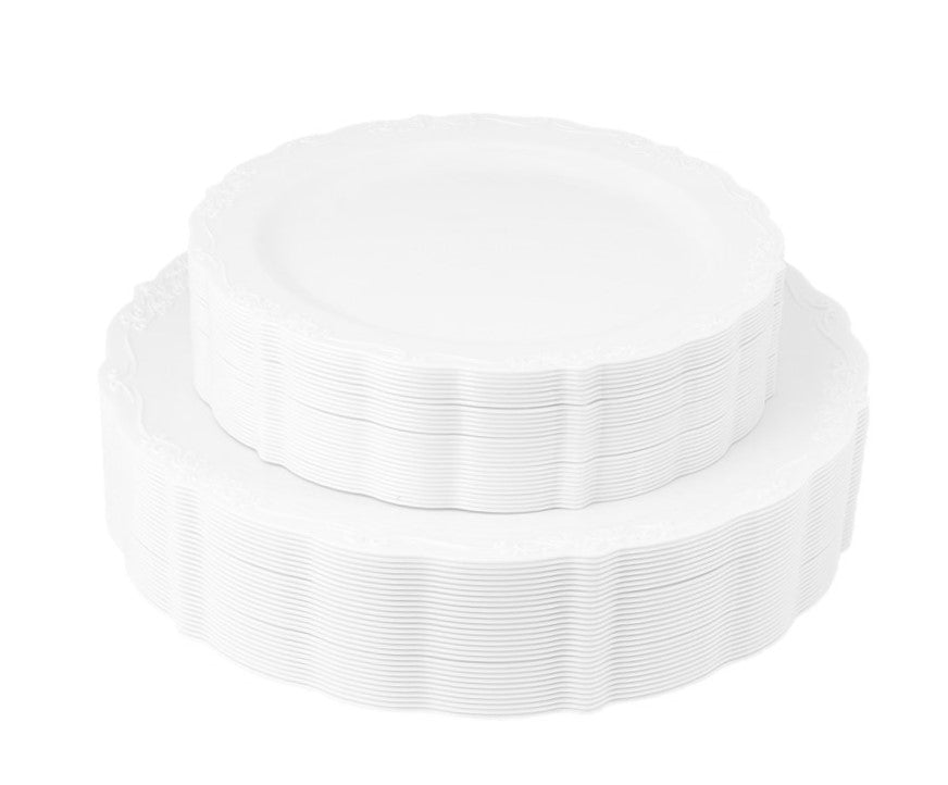 60 Piece White Round Plastic Dinnerware Value Set - Vintage - Pro Linens