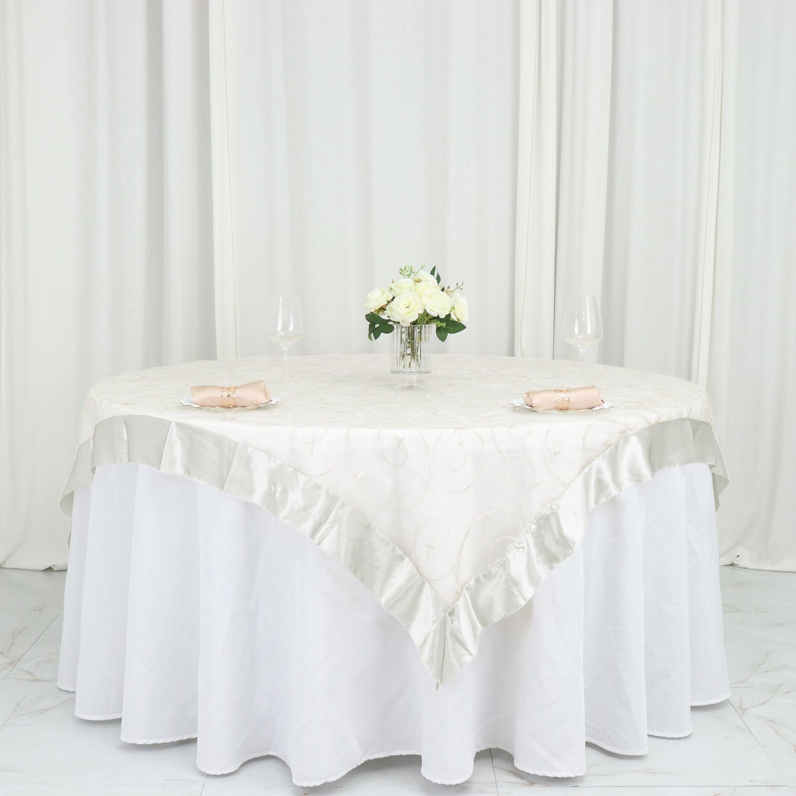 60"x60" Ivory Embroidered Sheer Organza Square Table Overlay With Satin Edge Pro Linens