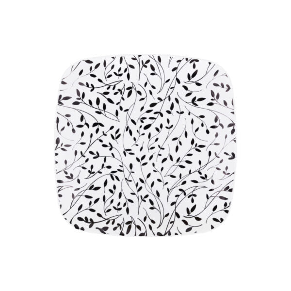 7.25" Black and White Square Leaf Plastic Plates 10 Pack - Organic Leaf - Pro Linens