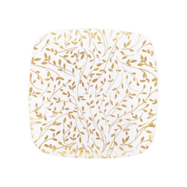 7.25" Gold and White Square Leaf Plastic Plates 10 Pack - Organic Leaf - Pro Linens