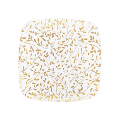 7.25" Gold and White Square Leaf Plastic Plates 10 Pack - Organic Leaf - Pro Linens