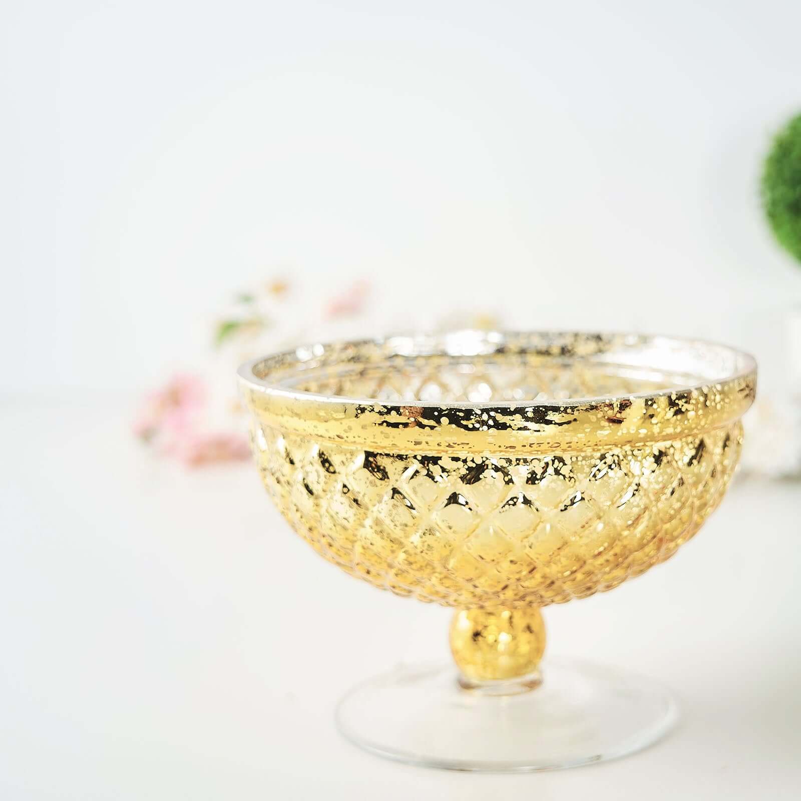 8" Gold Mercury Glass Compote Vase, Pedestal Bowl Centerpiece Pro Linens