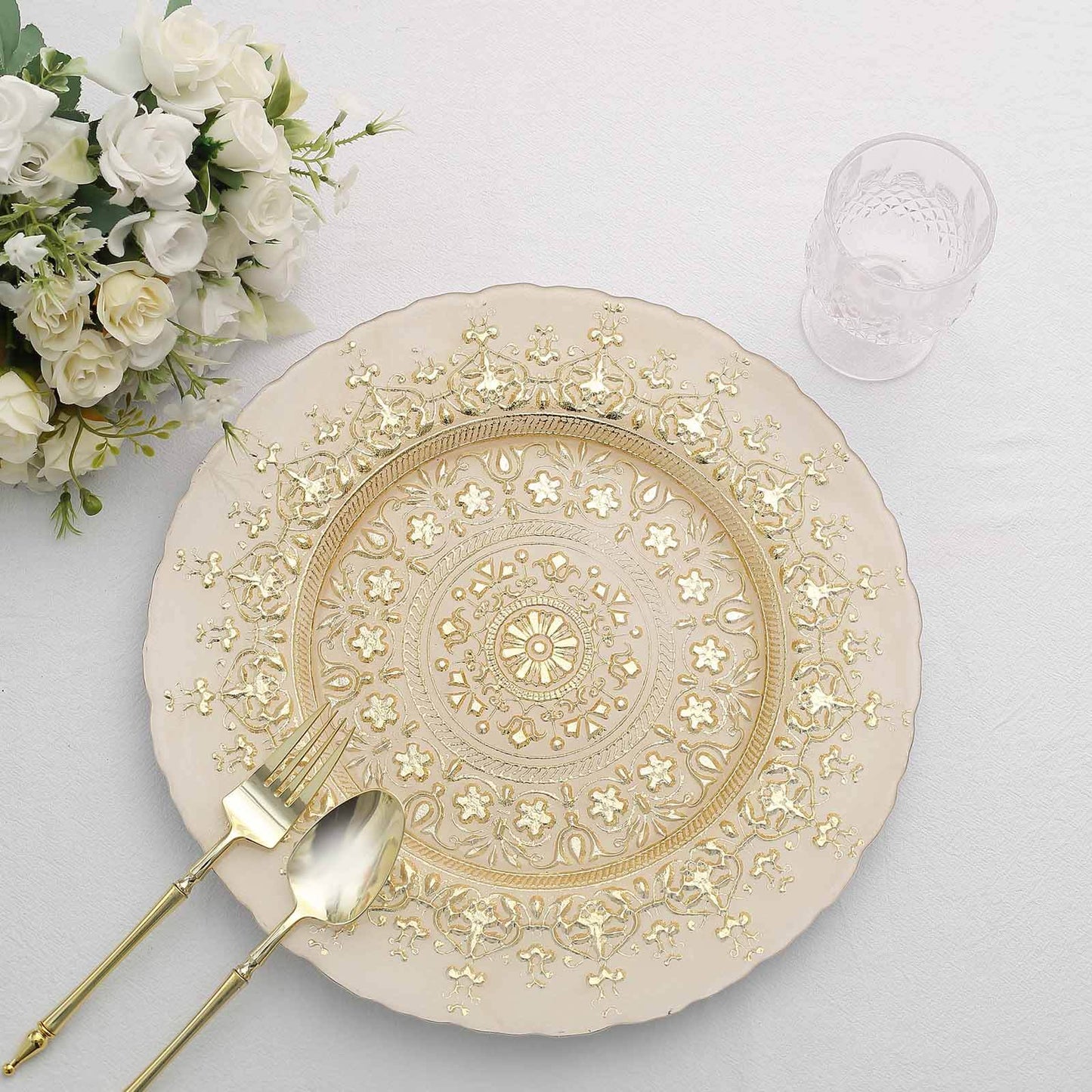 8 Pack 13" Gold Monaco Style Glass Charger Plates, Ornate Design Dinner Serving Trays Pro Linens