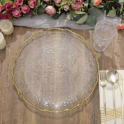 8 Pack 13" Gold Sunflower Scalloped Rim Clear Glass Charger Plates Pro Linens