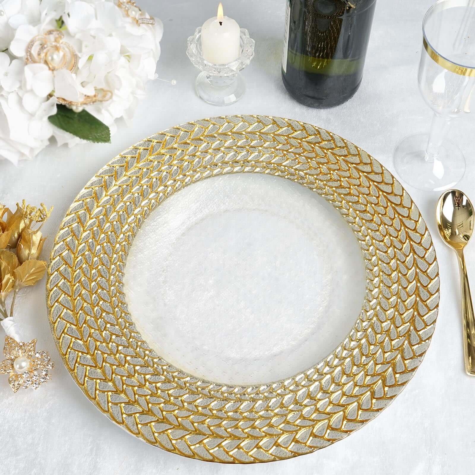 8 Pack 13" Luxurious Silver Gold Braided Rim Glass Charger Plates, Clear Round Charger Plates Pro Linens