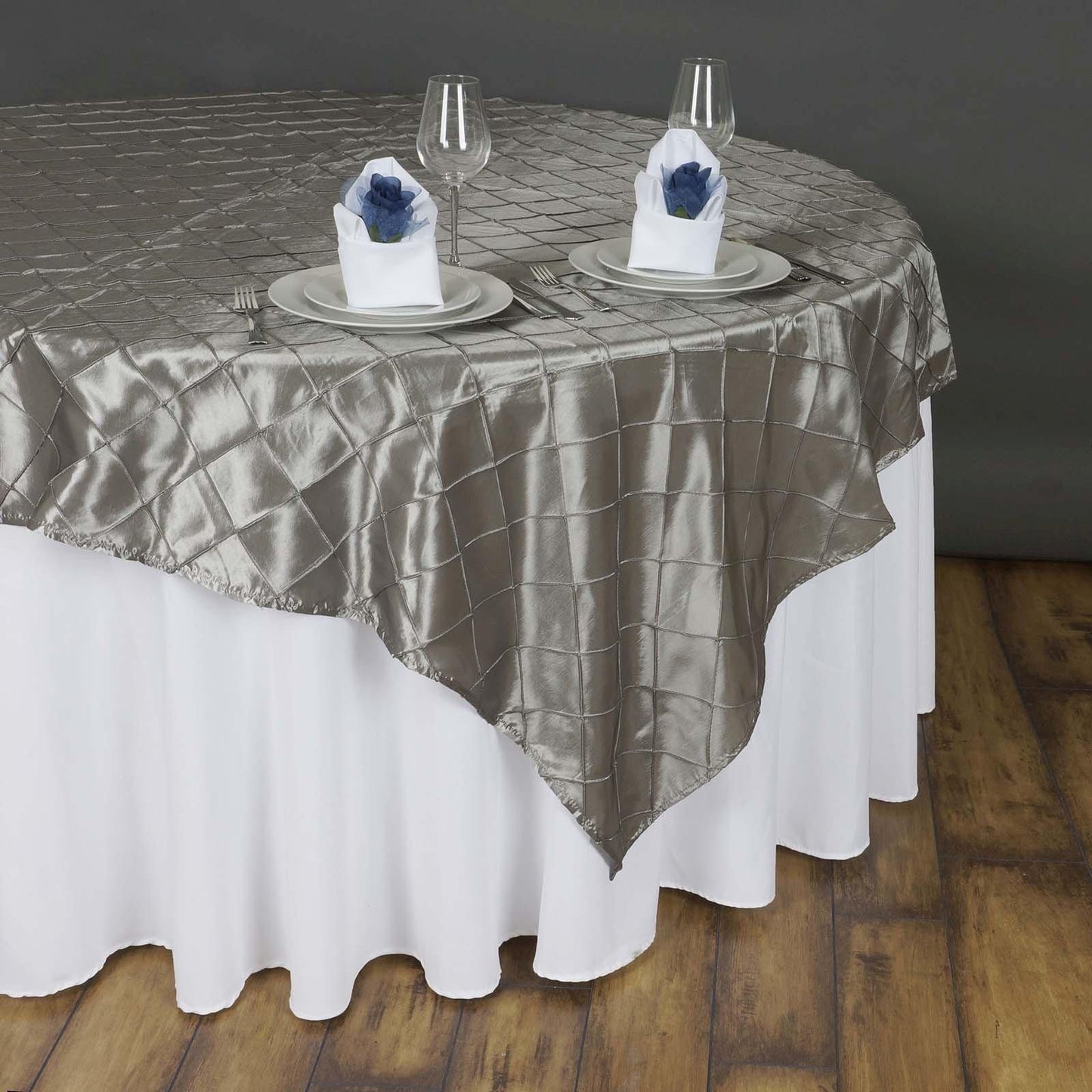 85"x85" Silver Pintuck Taffeta Square Table Overlay - Clearance SALE Pro Linens