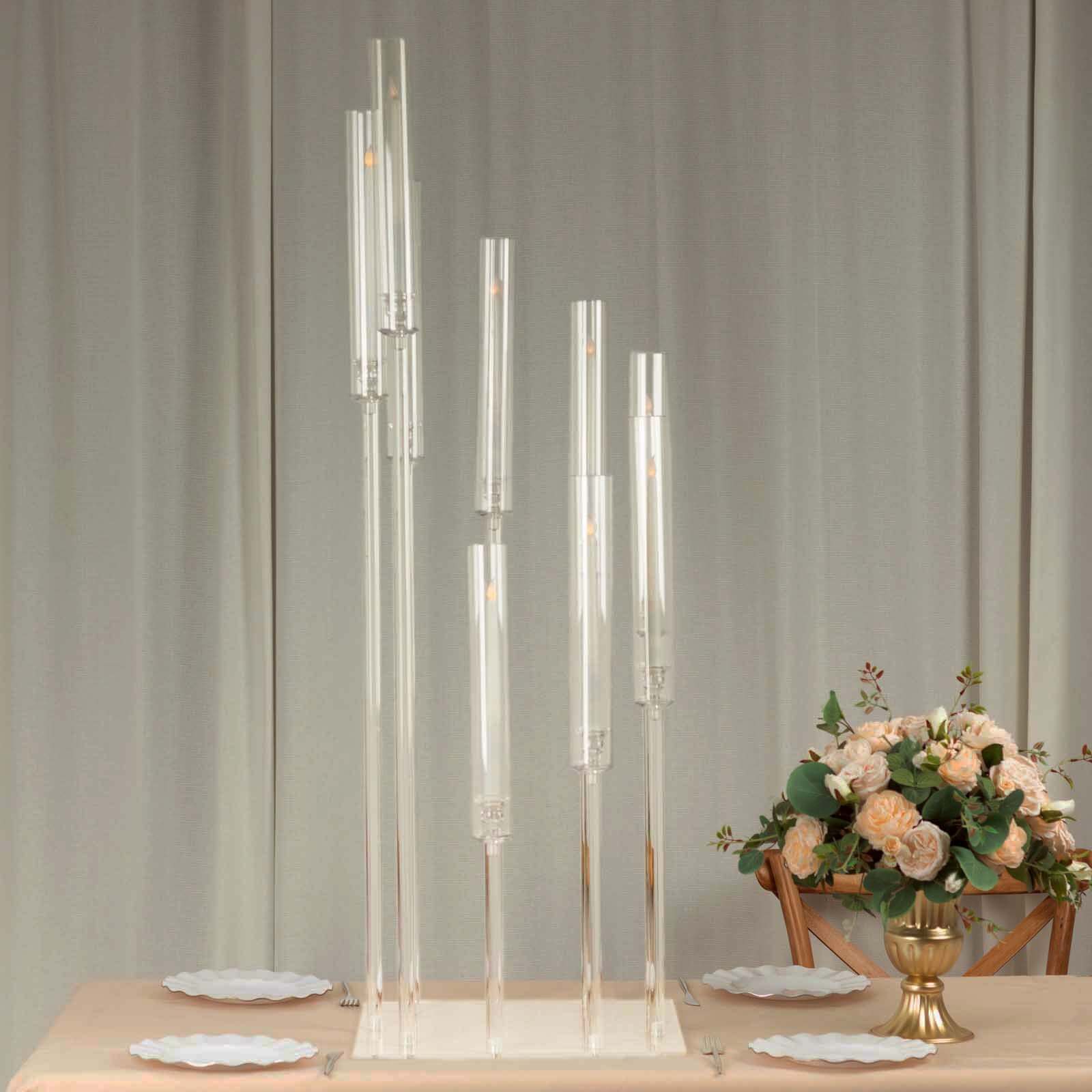 9 Arm Clear Acrylic Cluster Pillar Candle Stick Stand, 4ft Tall Taper Candle Holder Candelabra With Square Base Pro Linens