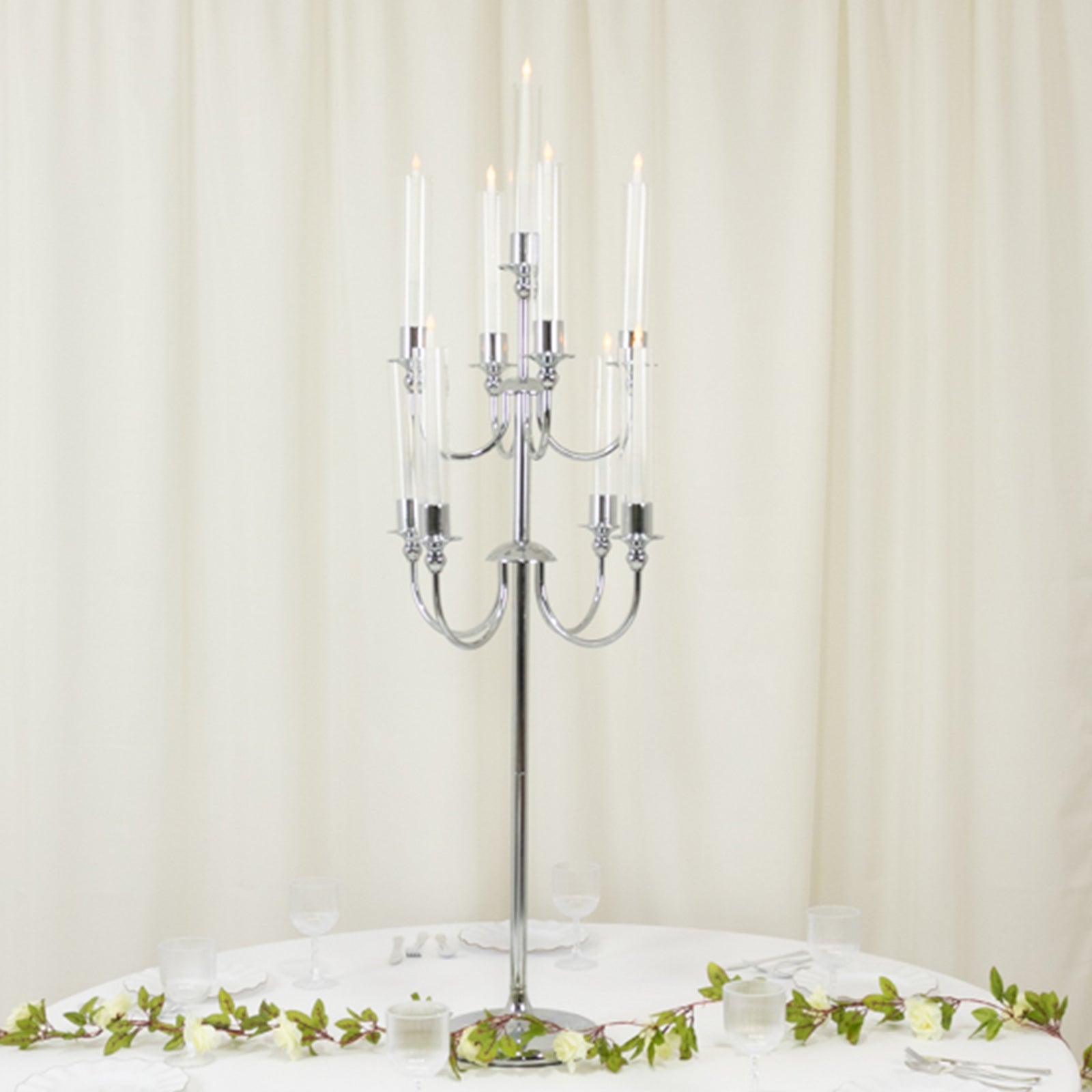 9-Arm Silver Metal Candelabra Candle Holder, Floor Standing Taper Candlestick Stand for Wedding, Home and Holiday Centerpieces - 46" Tall Pro Linens