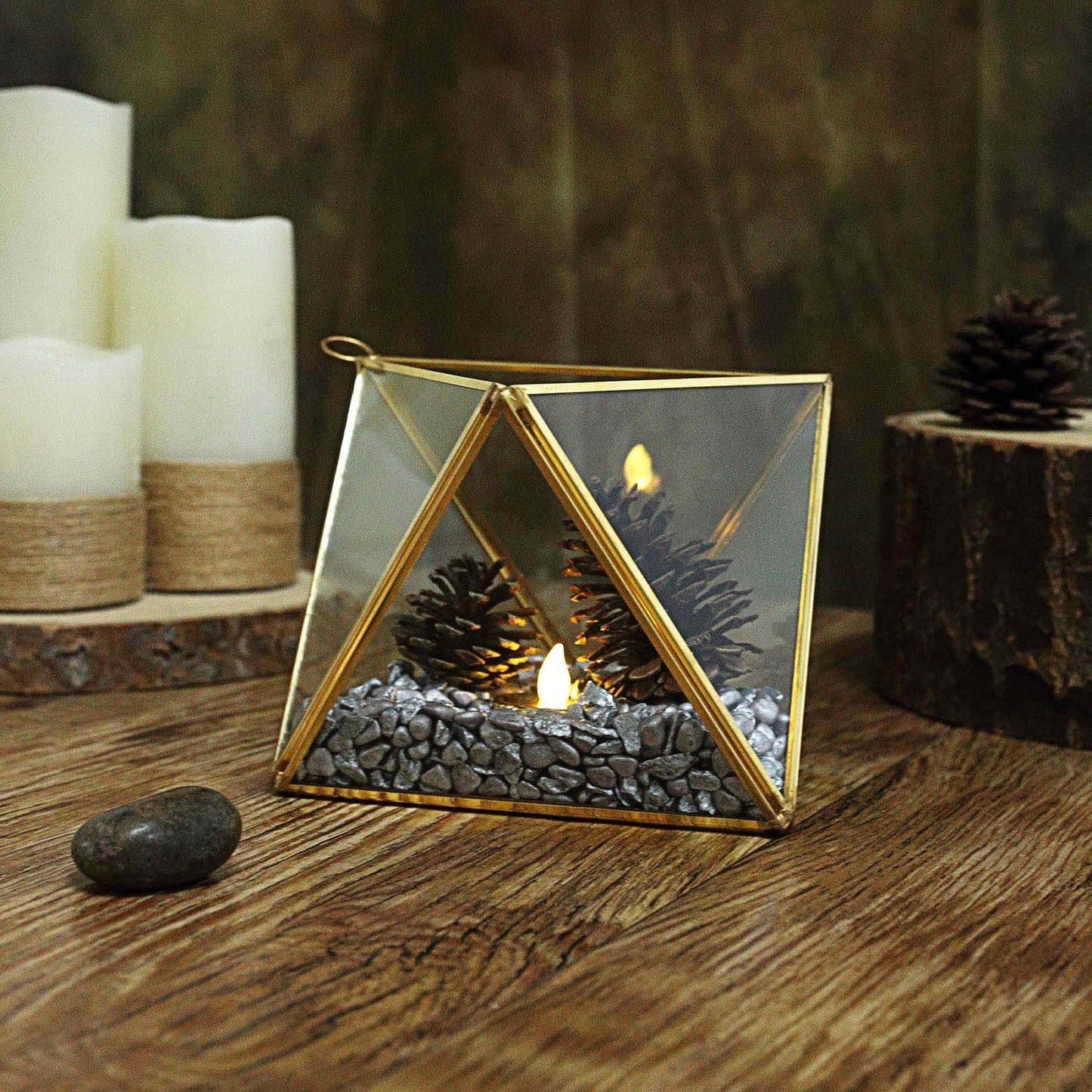 9" Diamond Prism Hanging Gold Metal Geometric Glass Terrarium, Multipurpose Air Plants Holder Pro Linens