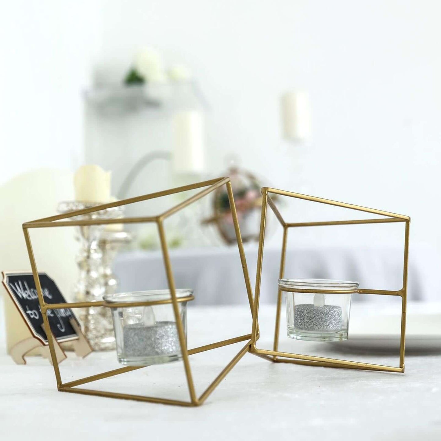 9" Gold Geometric Candle Holder Set Linked Metal Geometric Centerpieces with Votive Glass Holders Pro Linens