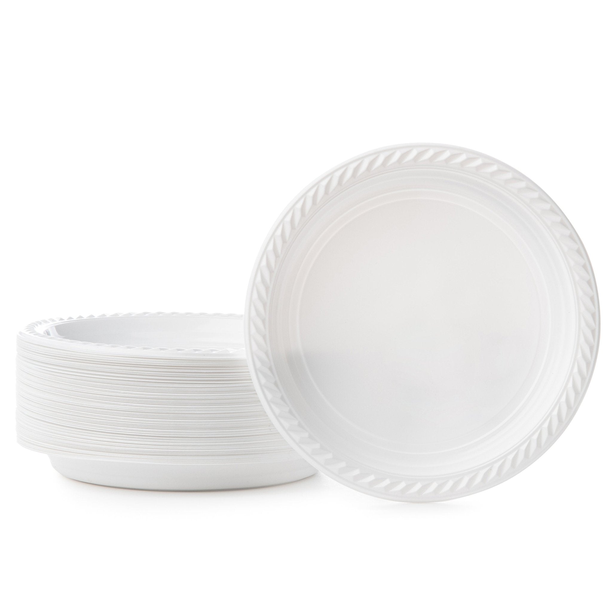 9 Inch White Round Plastic Dinner Plate 100 Pack - Classico - Pro Linens