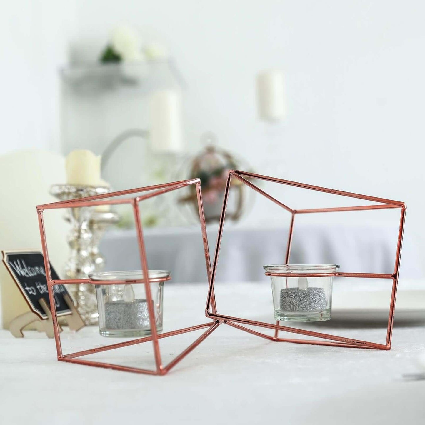 9" Rose Gold Geometric Candle Holder Set Linked Metal Geometric Centerpieces with Votive Glass Holders Pro Linens