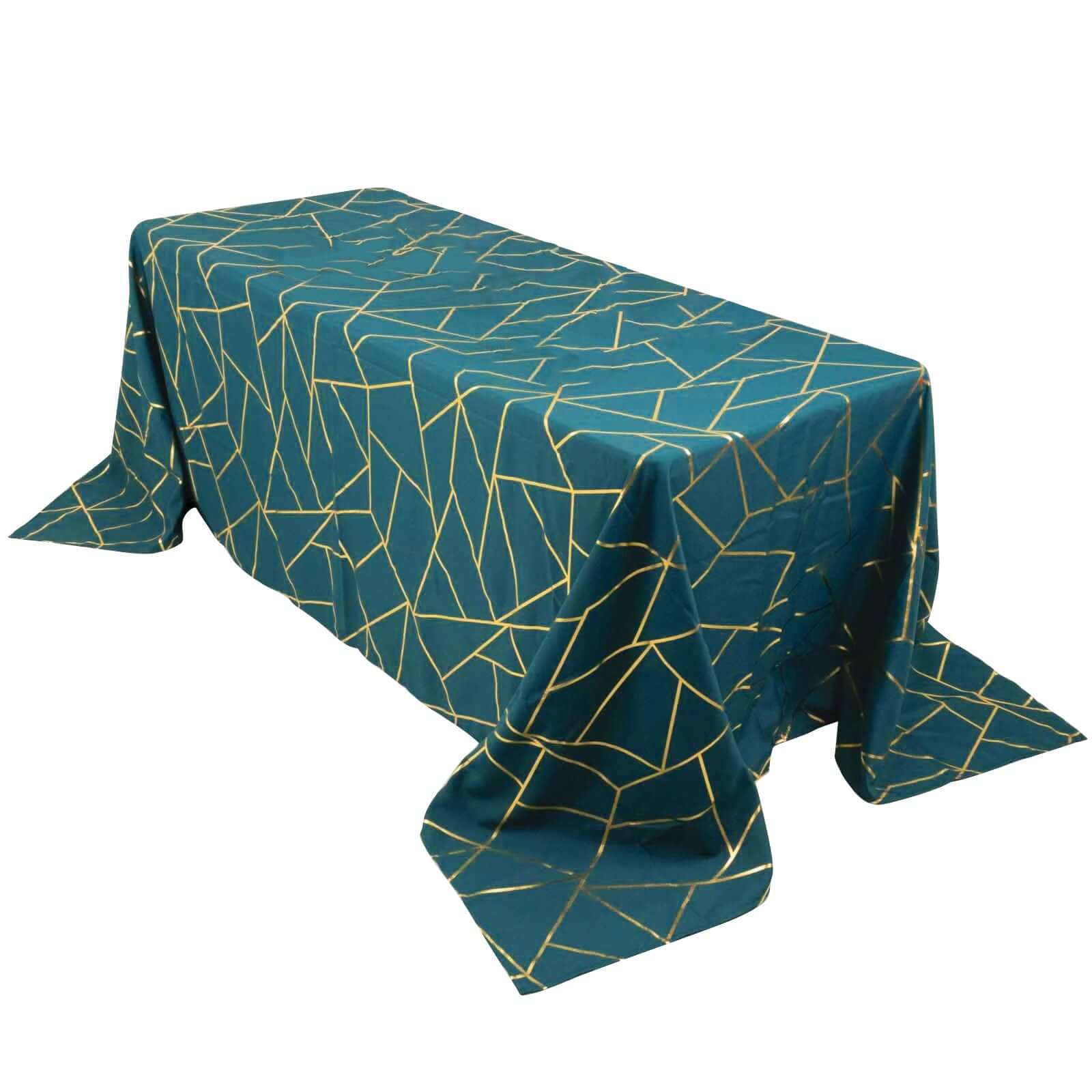 90"x132" Peacock Teal Seamless Rectangle Polyester Tablecloth With Gold Foil Geometric Pattern for 6 Foot Table With Floor - Length Drop - Pro Linens