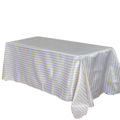 90"x156" White Champagne Seamless Stripe Satin Rectangle Tablecloth for 8 Foot Table With Floor - Length Drop - Pro Linens