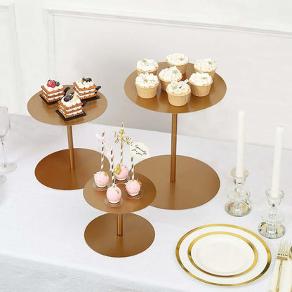 Set of 3 Gold Metal Round Pedestal Cupcake Dessert Stands, Industrial Cake Display Props - 8",10",12" Pro Linens