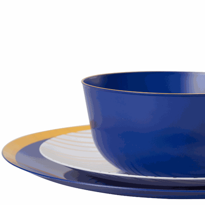 Blue and Gold Round Plastic Plates - Glam Plate Pro Linens