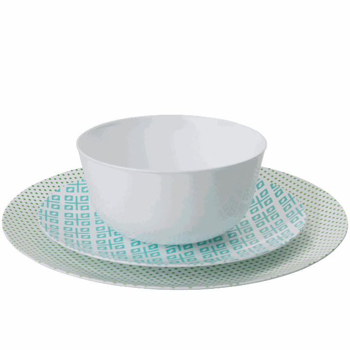 Blue/Green and White Round Plastic Plates - Aztec Plate Pro Linens