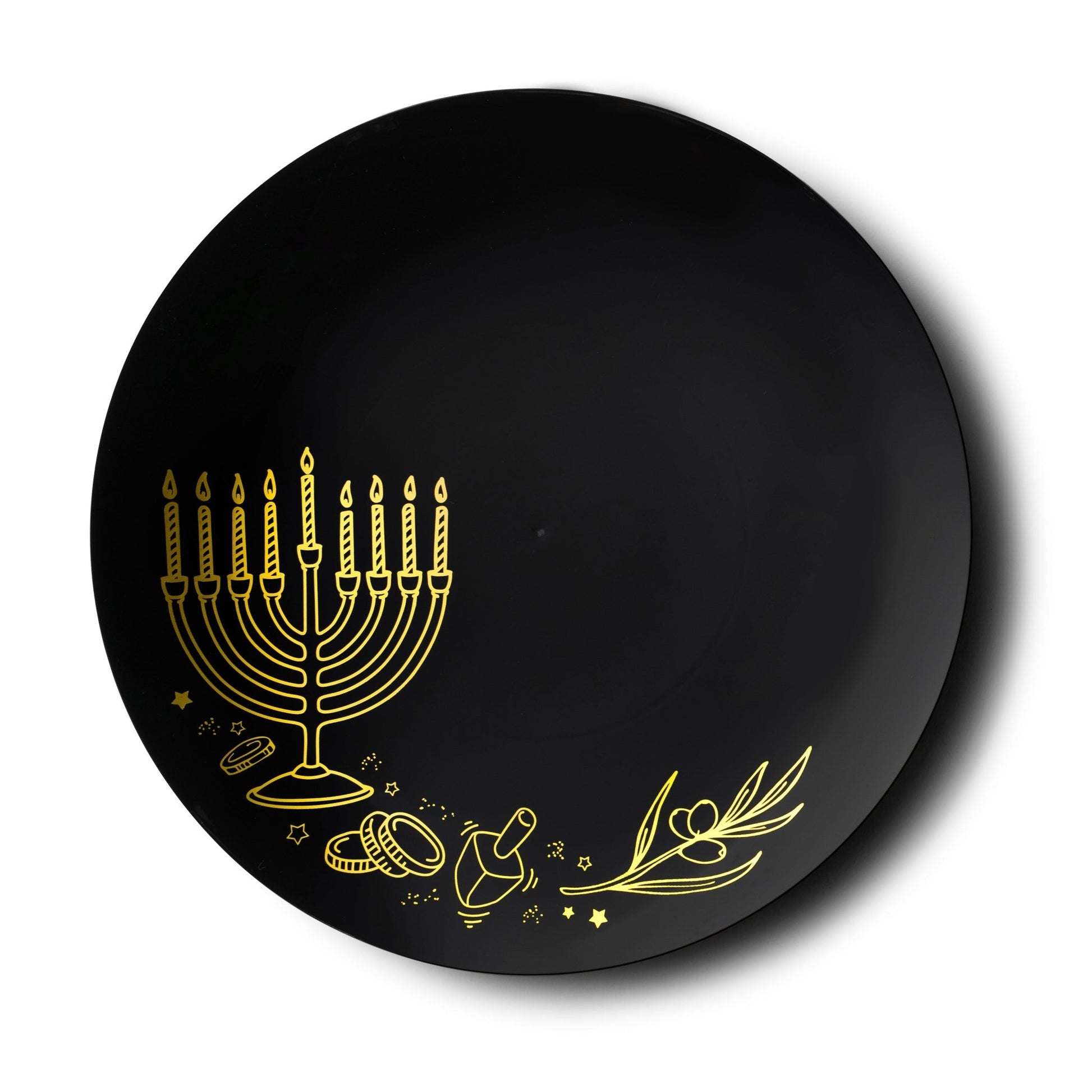 Black and Gold Round Plastic Plates 10 Pack - Chanukah Plate Pro Linens