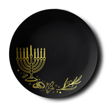 Black and Gold Round Plastic Plates 10 Pack - Chanukah Plate Pro Linens