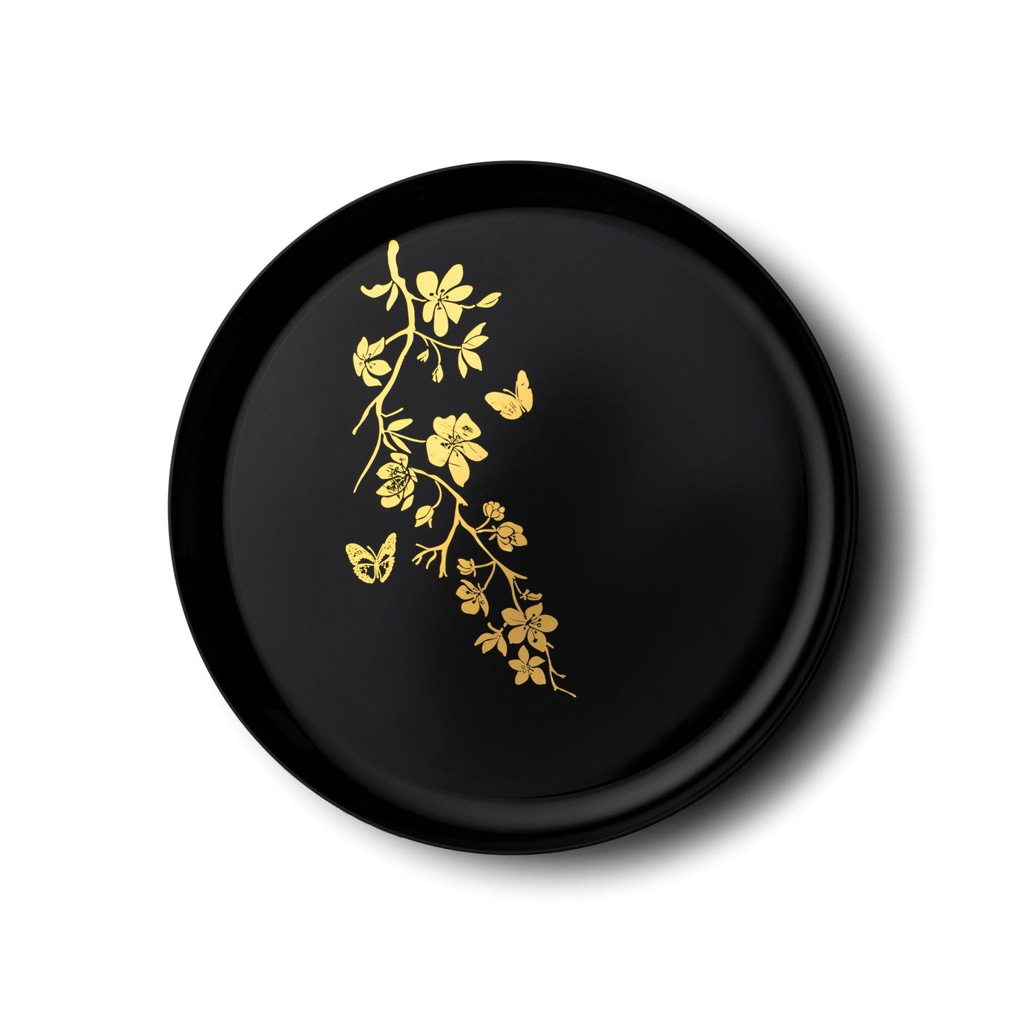 Black and Gold Round Plastic Plates - Garden Edge Plate Pro Linens