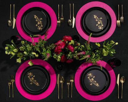 Black and Gold Round Plastic Plates - Garden Edge Plate Pro Linens