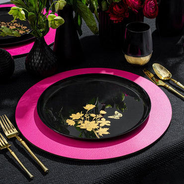 Black and Gold Round Plastic Plates - Garden Edge - Pro Linens