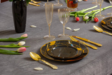 Black and Gold Round Plastic Plates - Marble - Pro Linens