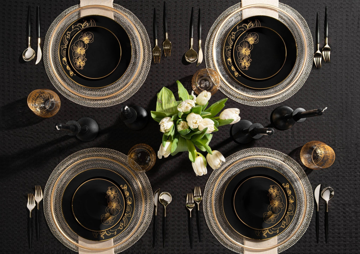 Black and Gold Round Plastic Plates - Orchid Plate Pro Linens