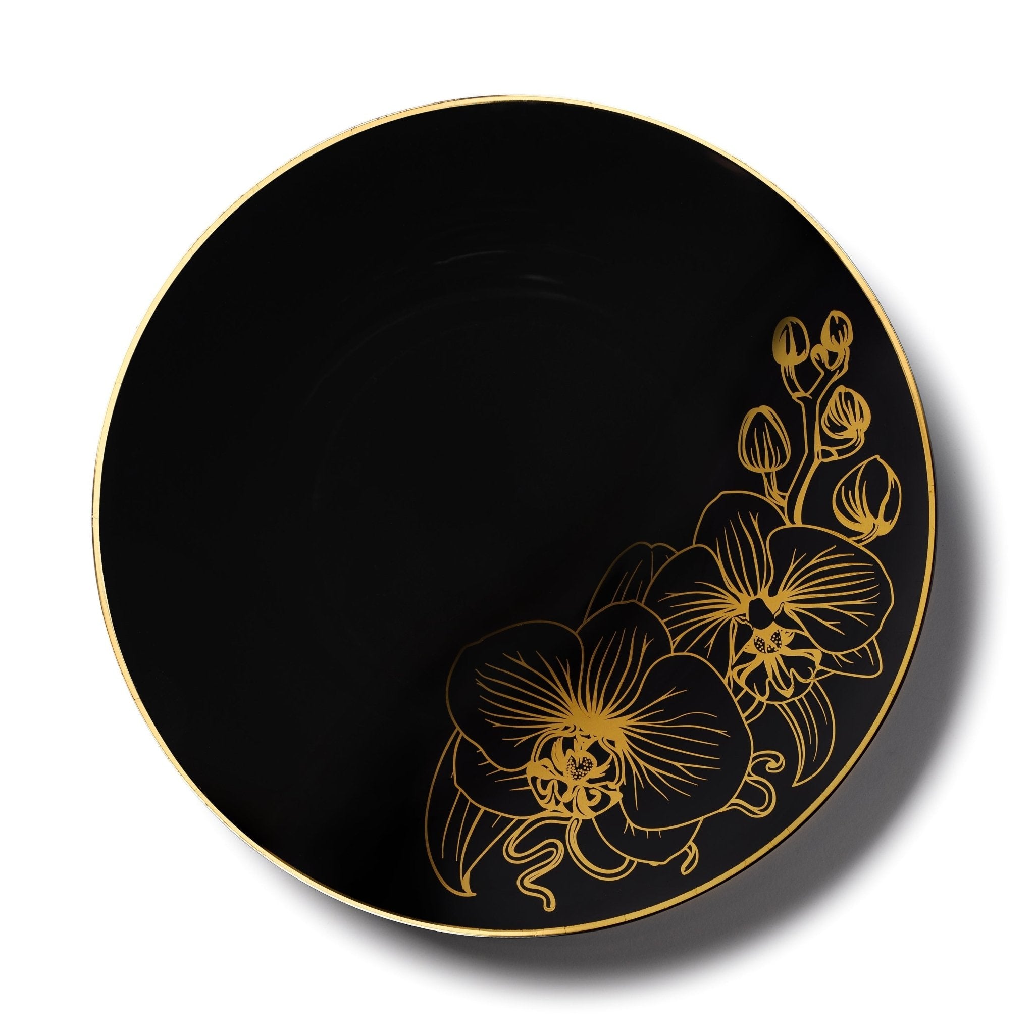 Black and Gold Round Plastic Plates - Orchid - Pro Linens