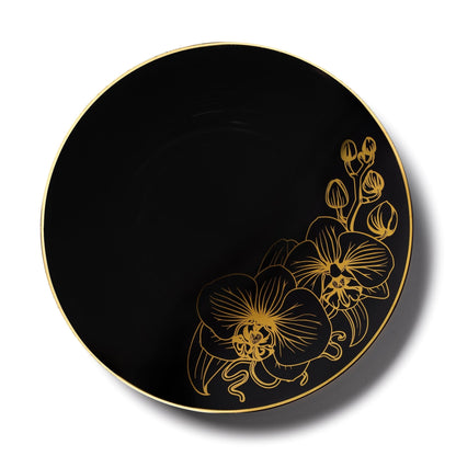 Black and Gold Round Plastic Plates - Orchid Plate Pro Linens