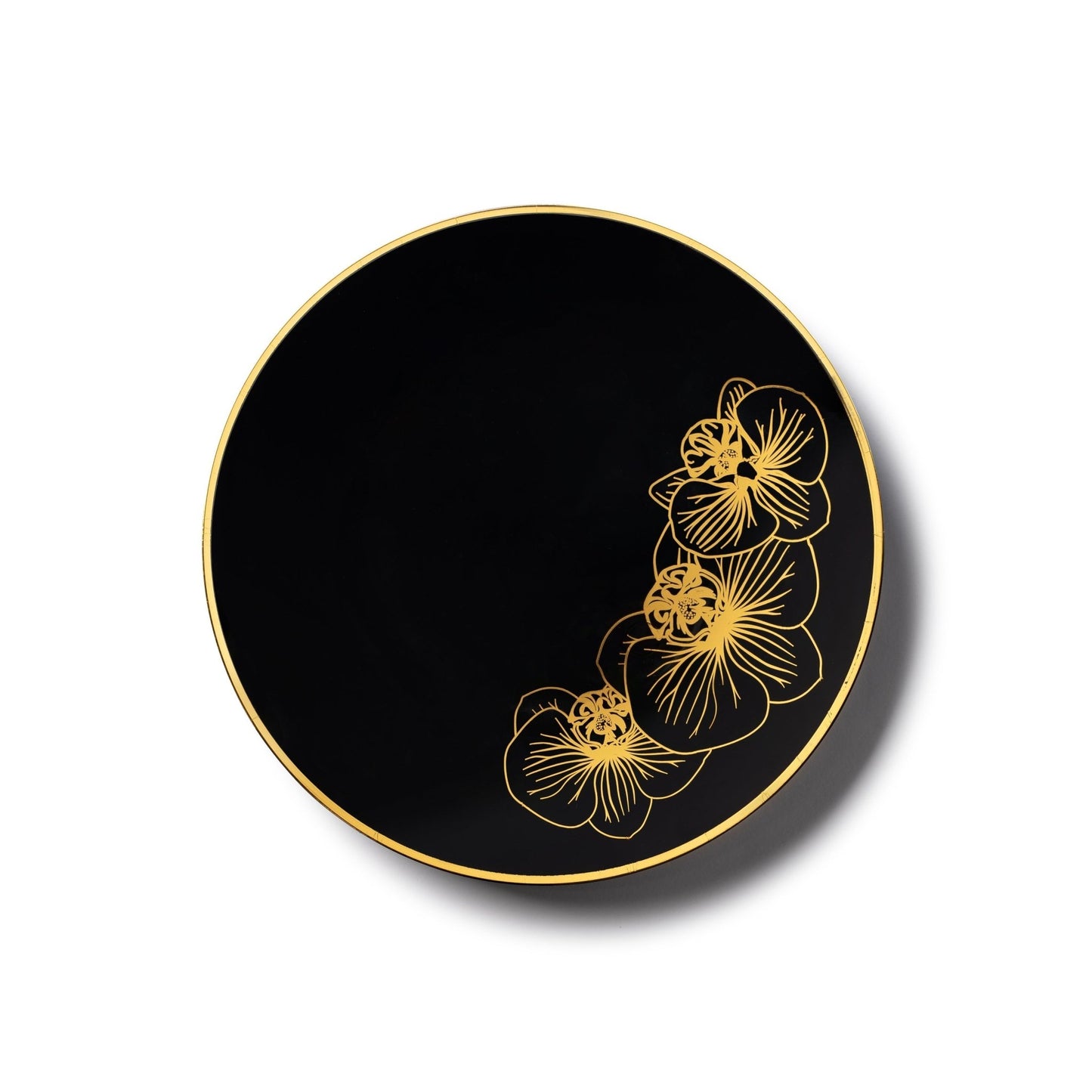 Black and Gold Round Plastic Plates - Orchid Plate Pro Linens