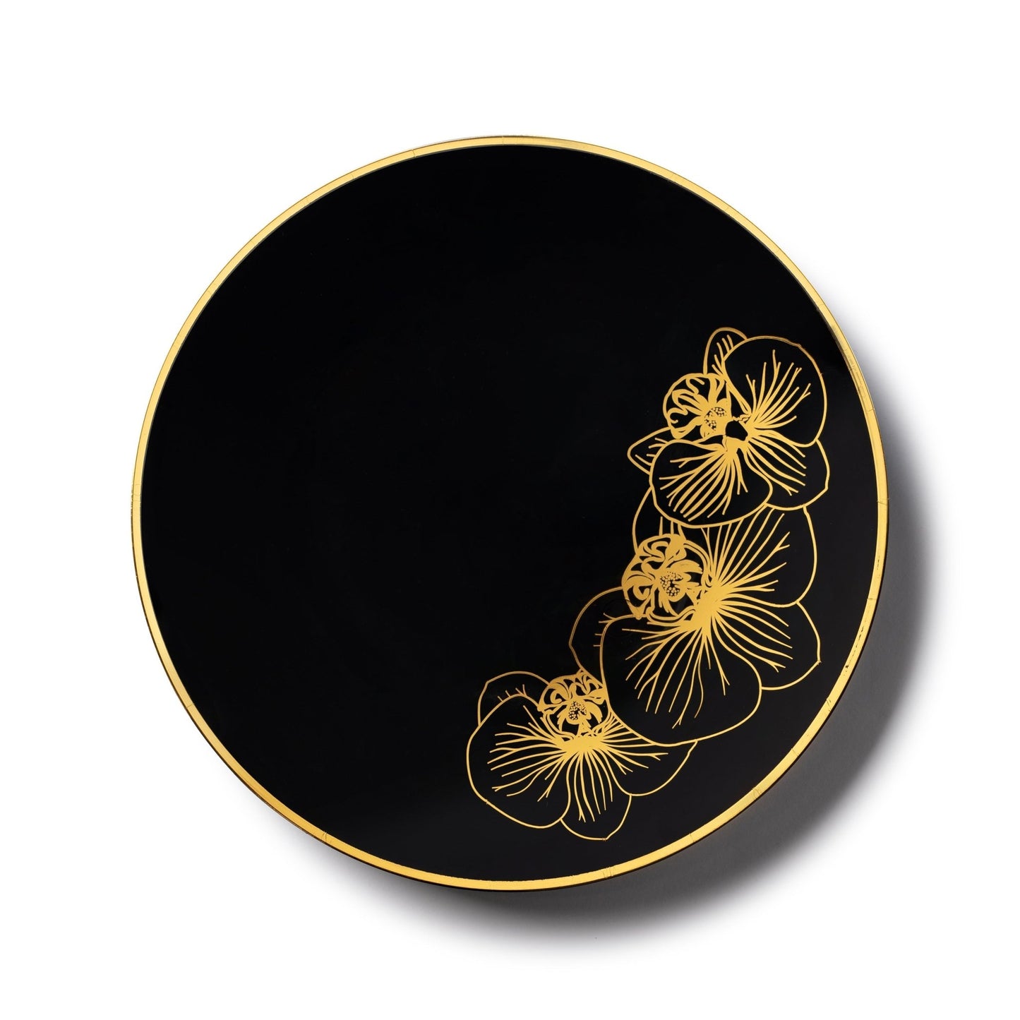 Black and Gold Round Plastic Plates - Orchid Plate Pro Linens