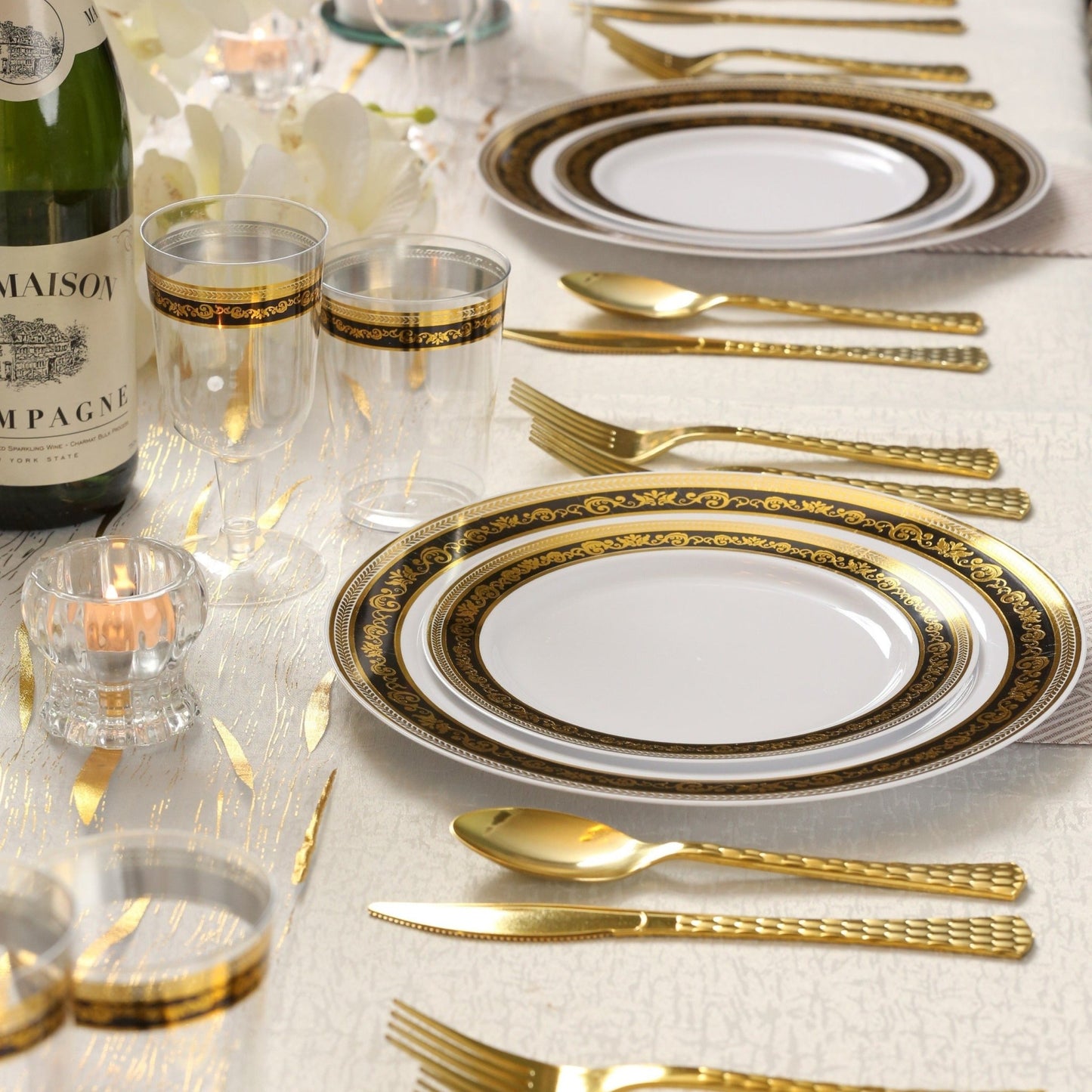 Black and Gold Round Plastic Plates - Royal Plate Pro Linens