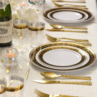 Black and Gold Round Plastic Plates - Royal - Pro Linens