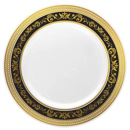 Black and Gold Round Plastic Plates - Royal Plate Pro Linens