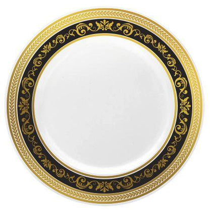 Black and Gold Round Plastic Plates - Royal Plate Pro Linens