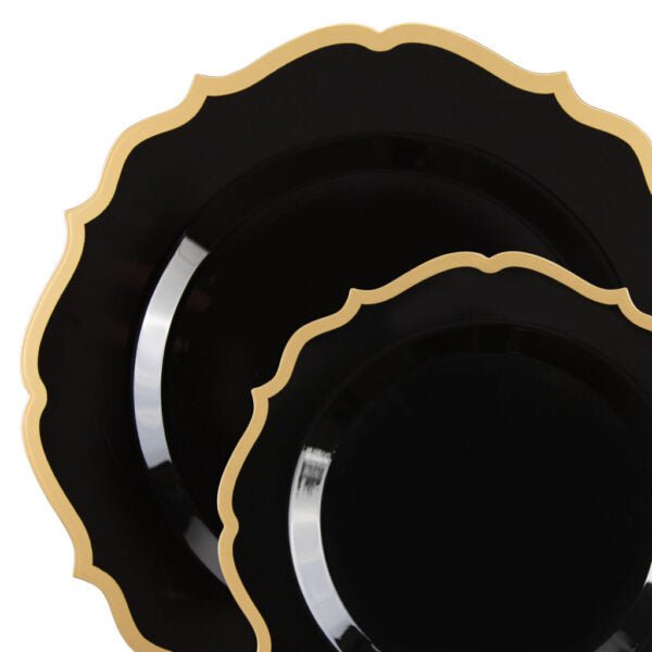 Black and Gold Round Scalloped Plastic Plates 10 Pack - Contemporary - Pro Linens