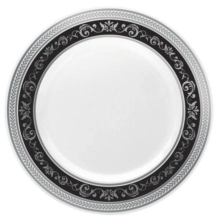 Black and Silver Round Plastic Plates - Royal Plate Pro Linens